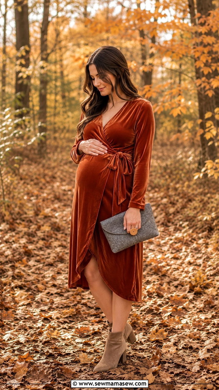 Velvet wrap dress with heeled ankle boots - 25 wedding guest outfits for postpartum women