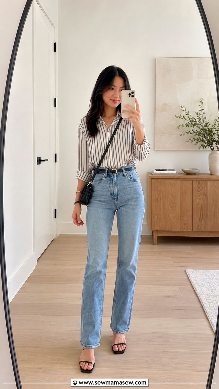 Vertical Stripe Blouse With Straight Jeans and Heels - 30 Petite outfit ideas to elongate legs