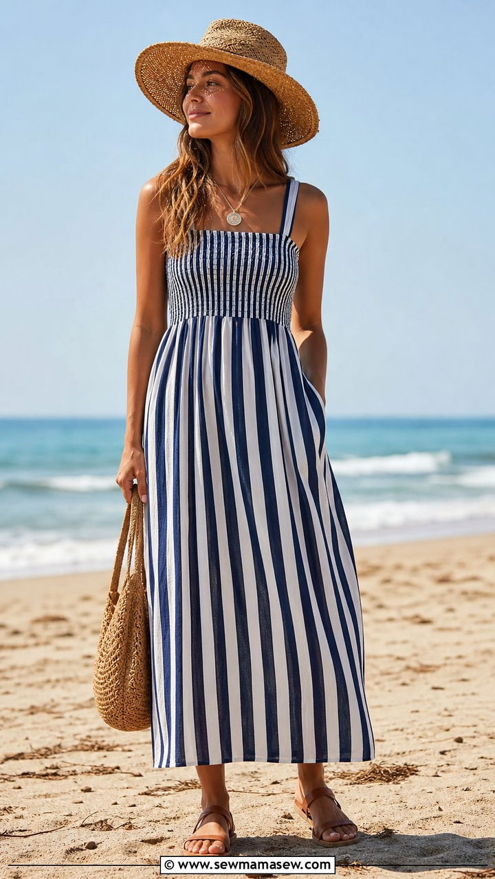 Vertical Stripe Maxi Dress With Flat Sandals - 25 summer outfits for short torso women