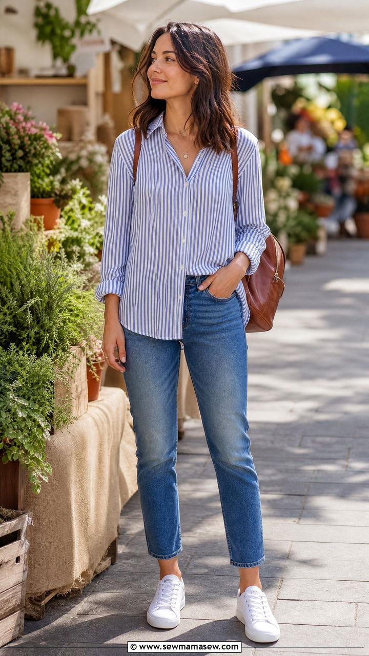 Vertical stripe button down with mid rise jeans - 25 casual outfits for short torso women