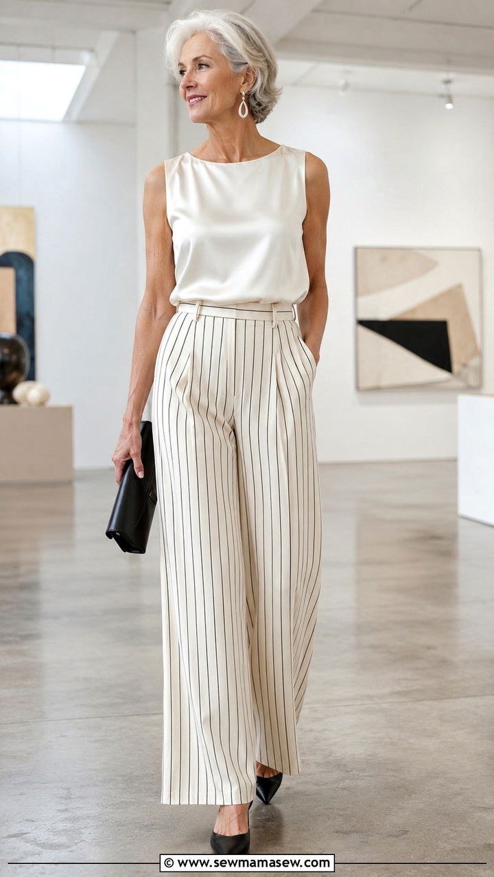 VerticalStripe Trousers With A Solid Silk Shell - 30 Tall outfits for women over 60