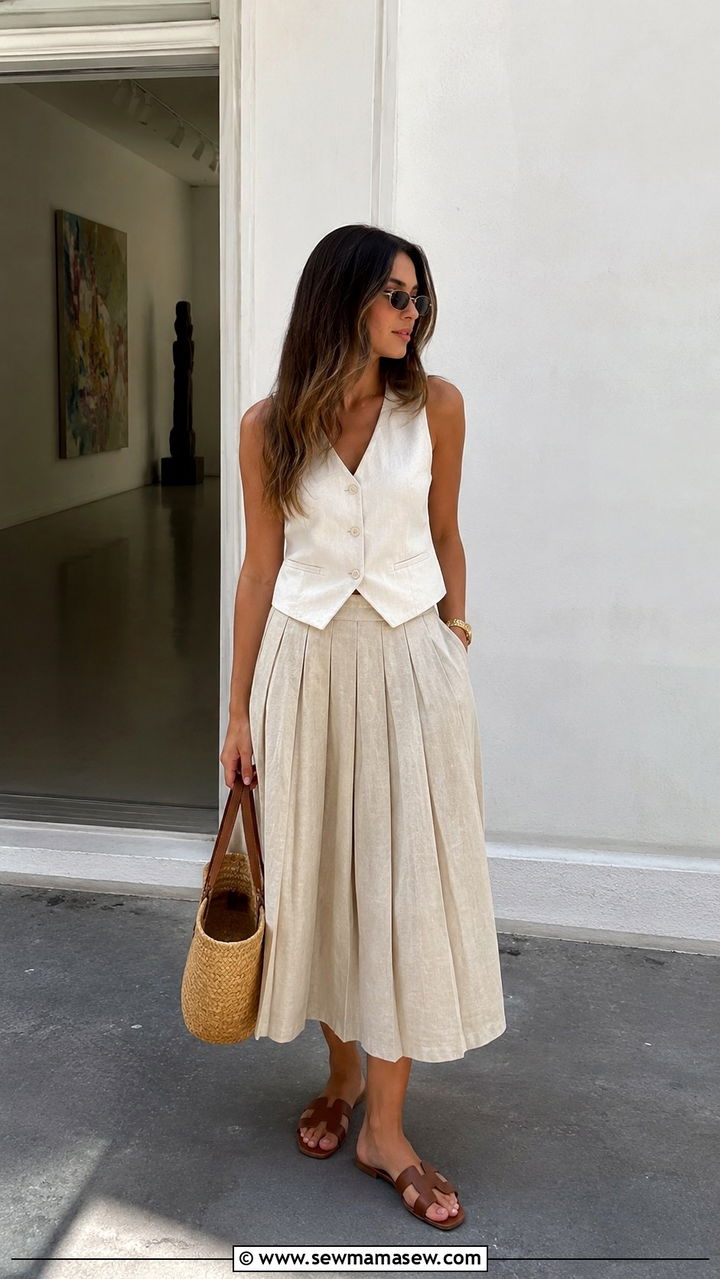Vest Top and Linen Pleated Skirt with Woven Accessories - 30 Pleated skirt outfit ideas for summer