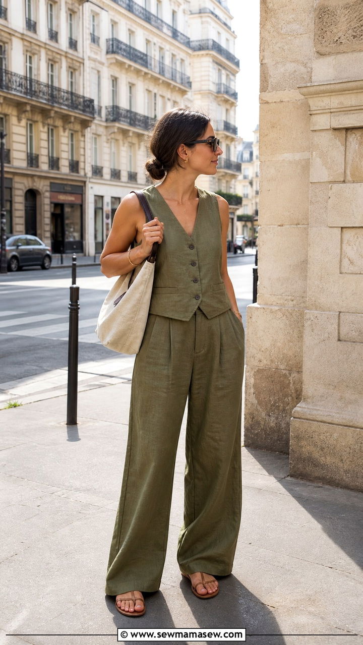 Vest and Trousers Set with Minimal Sandals - 40 summer parisian outfits