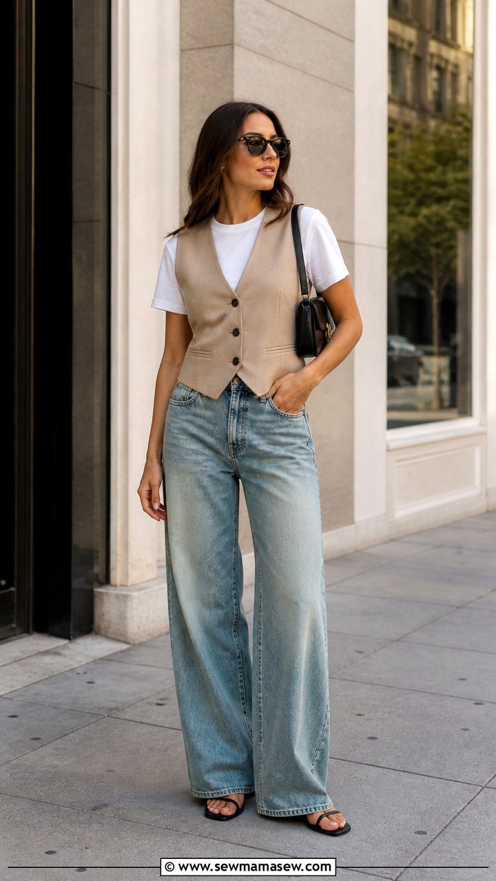 Vest and Wide Leg Jeans Casual Outfit - 40 casual outfits