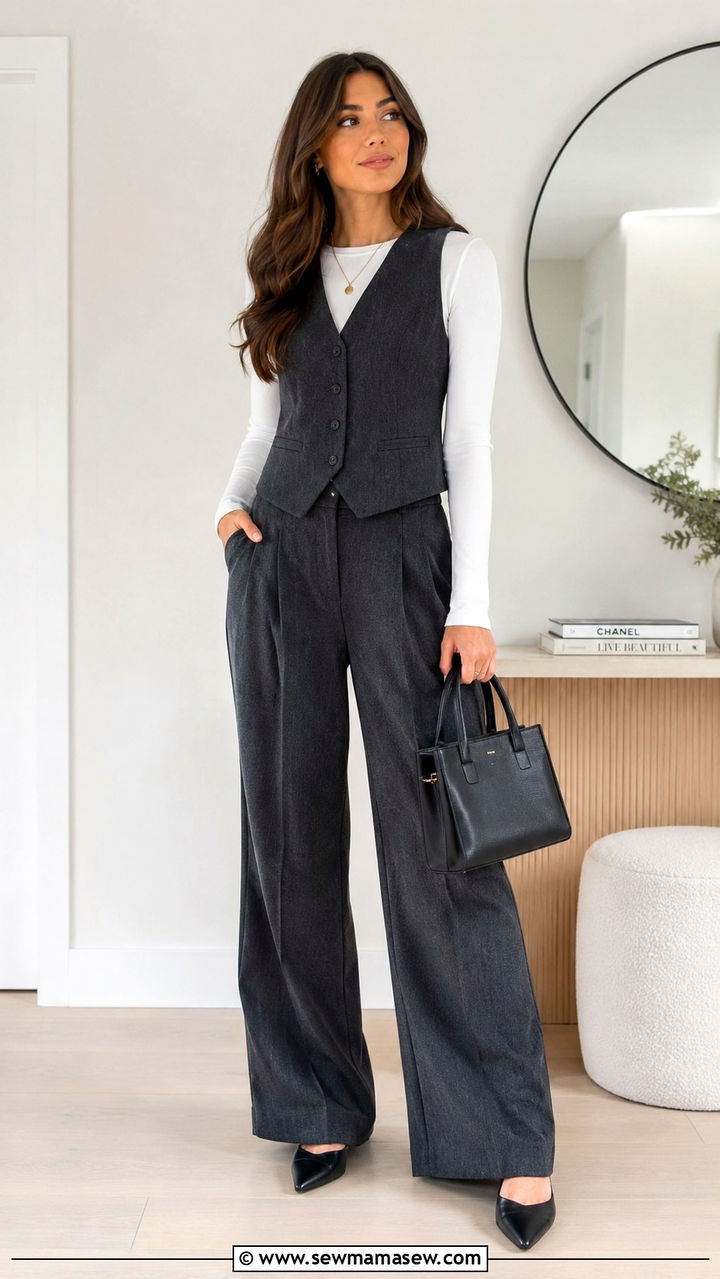 Vest and Wide Leg Trousers Set with Pointed Mules - 25 work outfits Pinterest