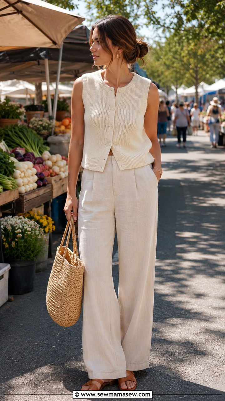 Vest top with linen trousers and flat sandals - 30 Spring capsule wardrobe