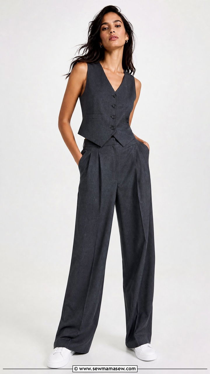 Vest with Wide Leg Pants and Sneakers - 25 Business casual outfits with sneakers