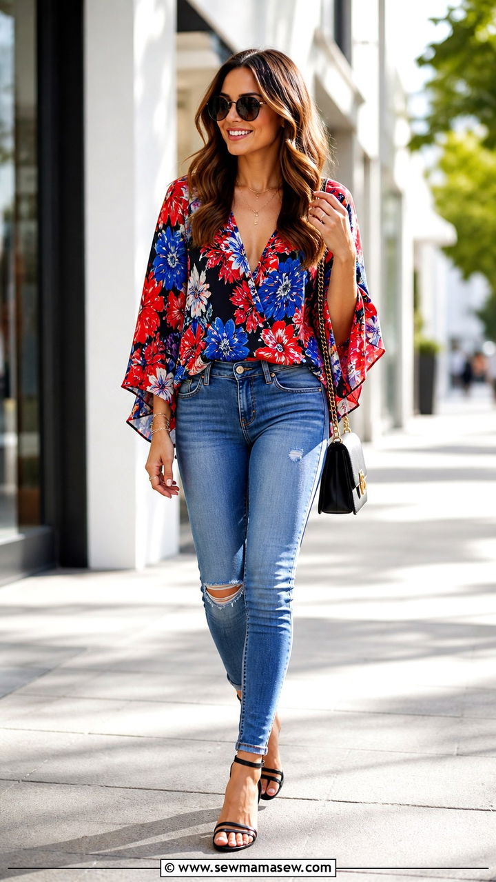 Vibrant Floral Blouse With Distressed Skinny Jeans - 40 summer street style outfits