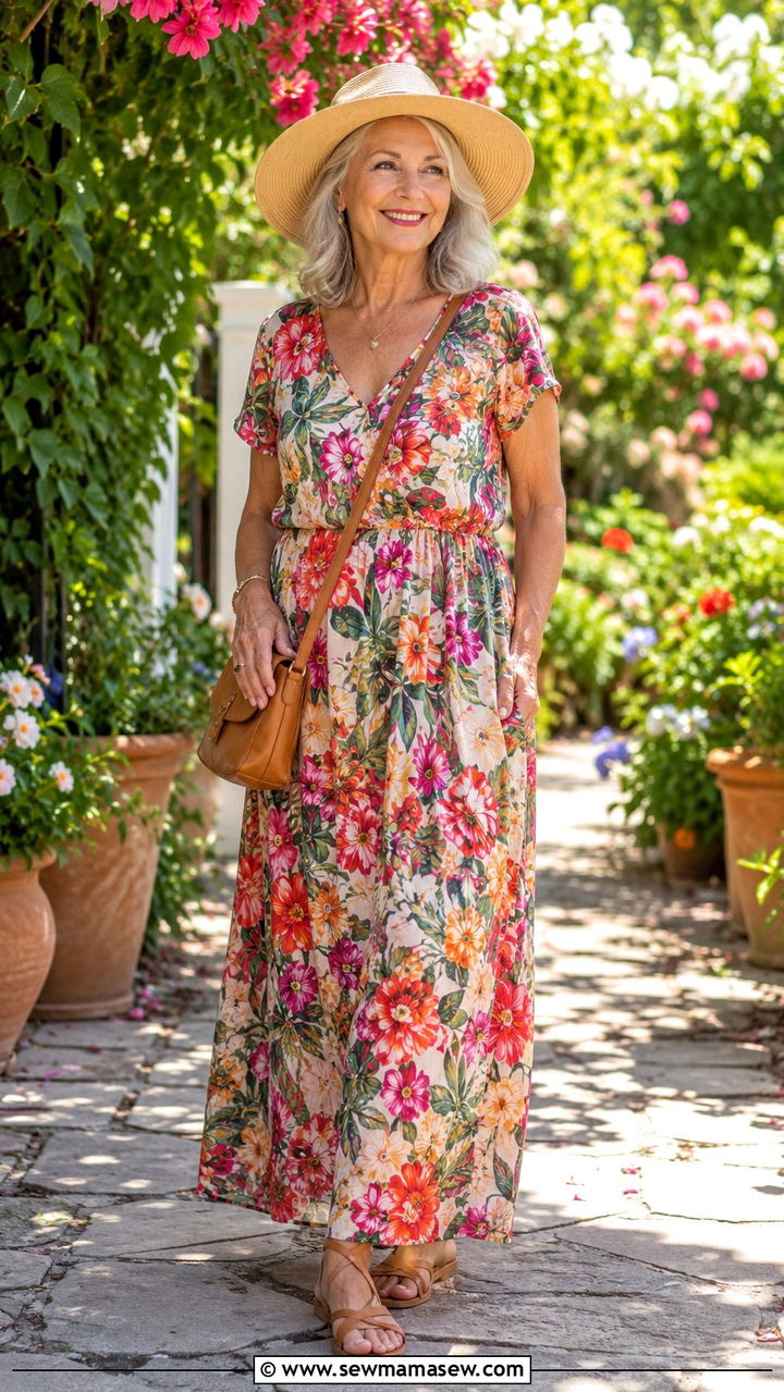 Vibrant Floral Maxi Dress With Sun Hat Outfit - 25 Outfit ideas for women over 60 casual 2026