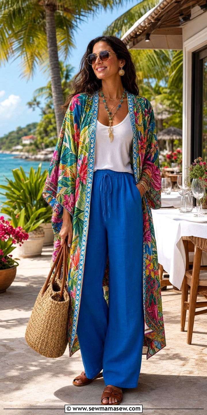 Vibrant Printed Kaftan With Wide Leg Linen Pants - 25 classy maximalist outfits