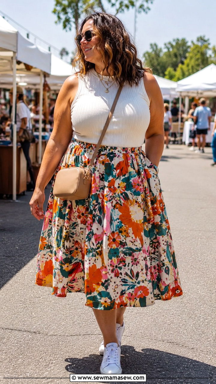 Vibrant Printed Midi Skirt With Sleeveless Tee And White Sneakers - 30 Plus size outfit ideas for festival