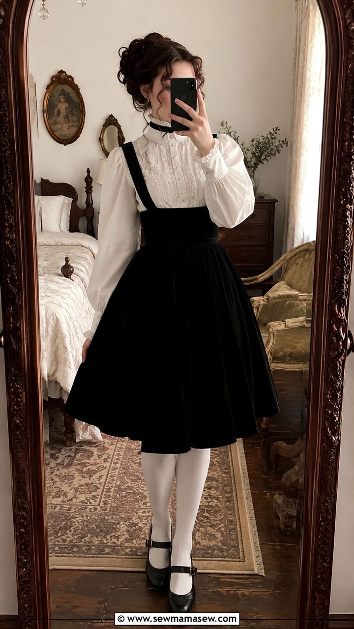 Victorian Blouse with Black Pinafore Dress - 30 Romantic academia outfit ideas