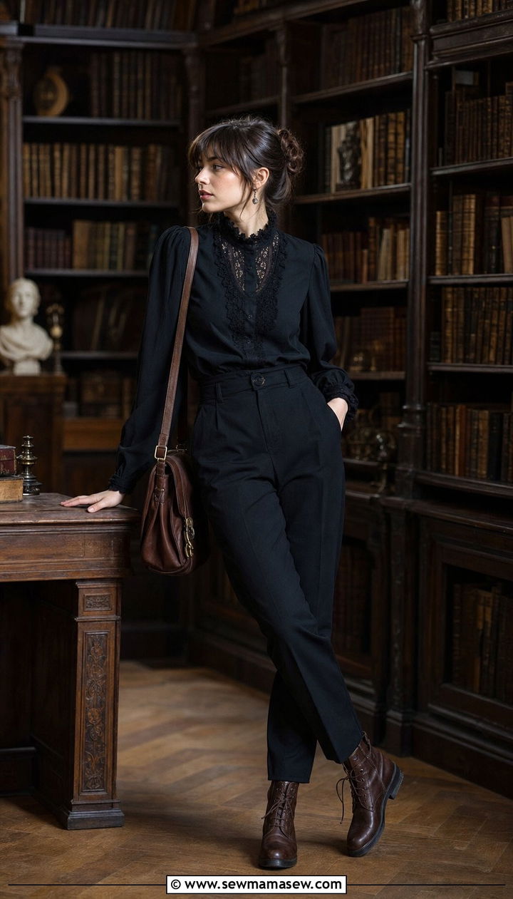 Victorian Blouse with High Waisted Trousers and Lace Up Boots - 25 cute dark academia outfits
