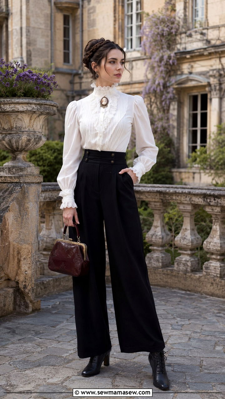 Victorian Blouse with Wide Leg Trousers - 30 Mysterious spring outfit ideas
