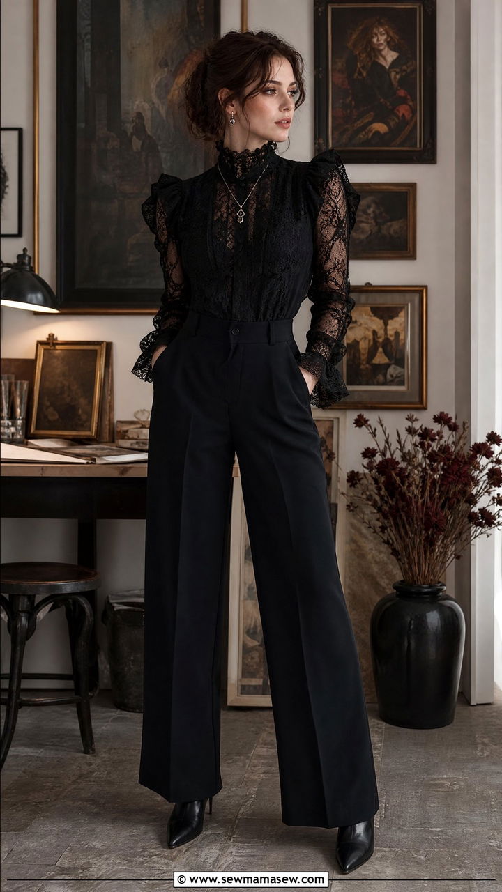 Victorian Lace Blouse With High Waisted Black Trousers - 30 Dark romance outfit ideas