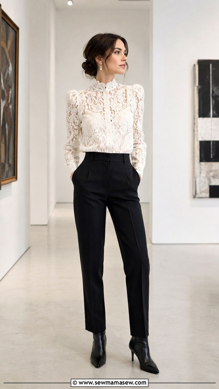 Victorian Revival Lace Blouse With Tailored Trousers - 25 Vintage outfit ideas 2026