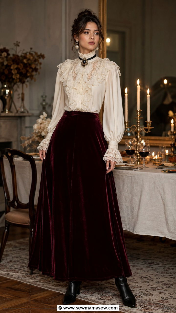 Victorian Ruffle Blouse With Velvet Maxi Skirt And Heeled Boots - 25 poetcore outfits ideas