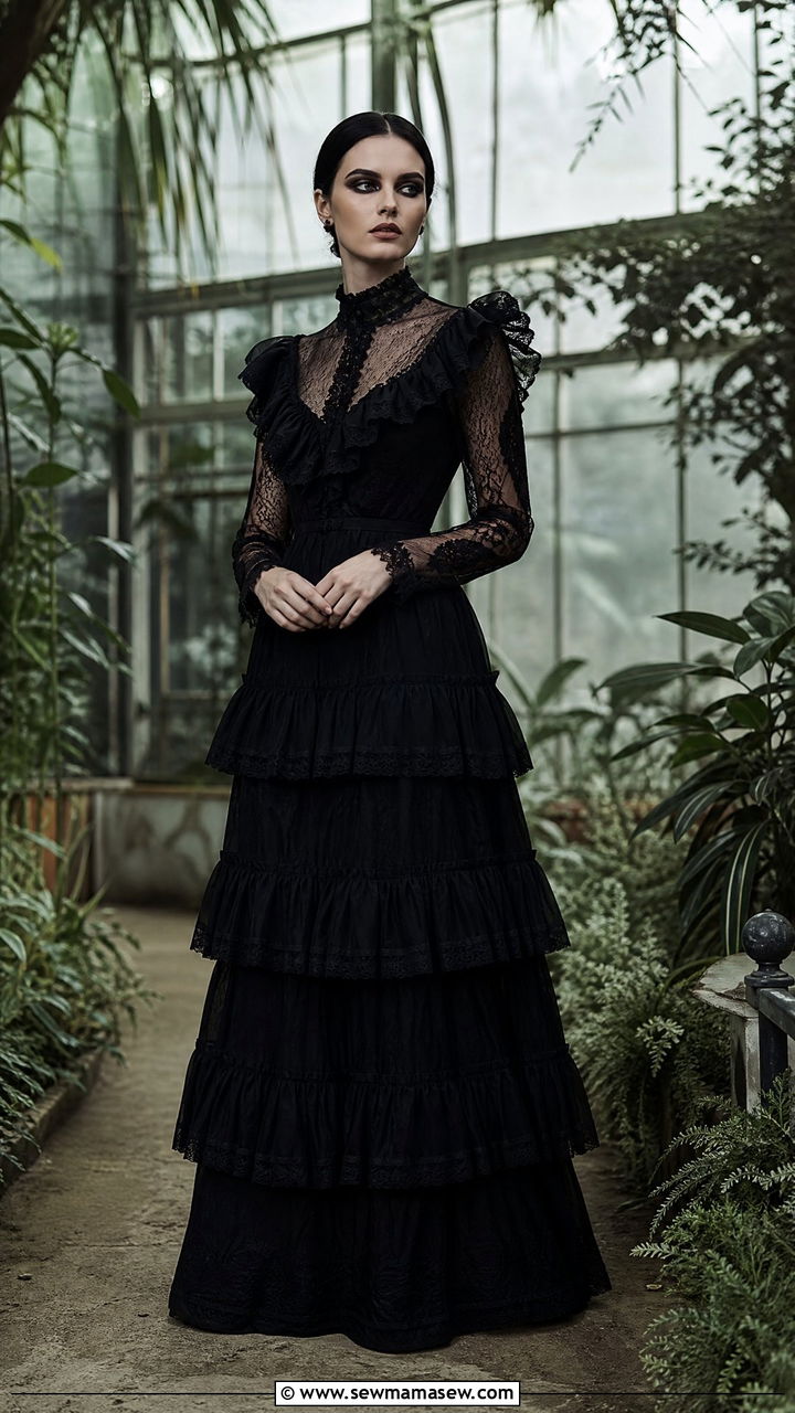 Victorian Ruffled Black Gown With Lace Details - 30 Dark romance outfit ideas