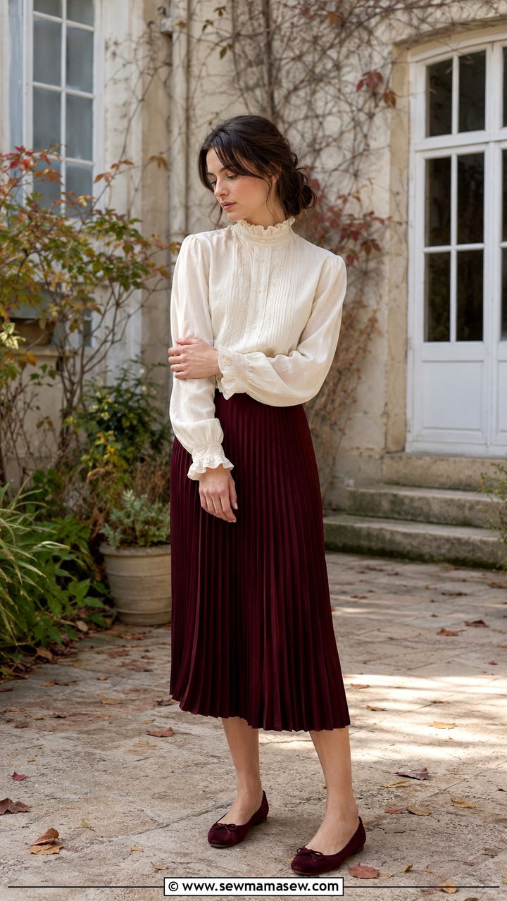 Victorian Style High Neck Blouse With Pleated Midi Skirt - 30 casual poetcore outfits