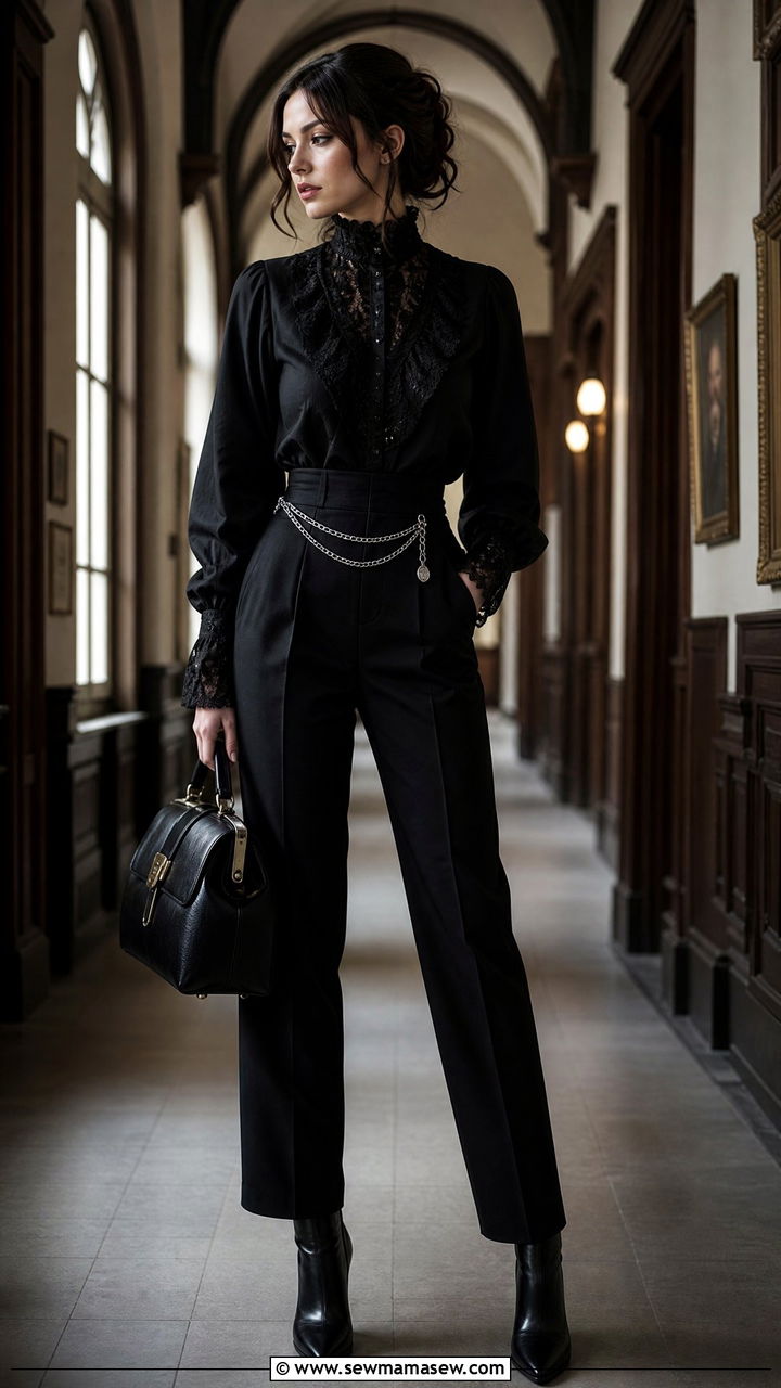 Victorian blouse and high waisted black pants - 30 Dark academia school outfits