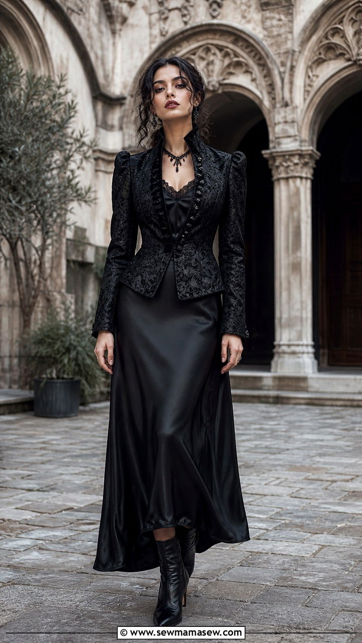 Victorian goth brocade jacket with black satin slip skirt and ankle boots - 40 Gothic outfit ideas