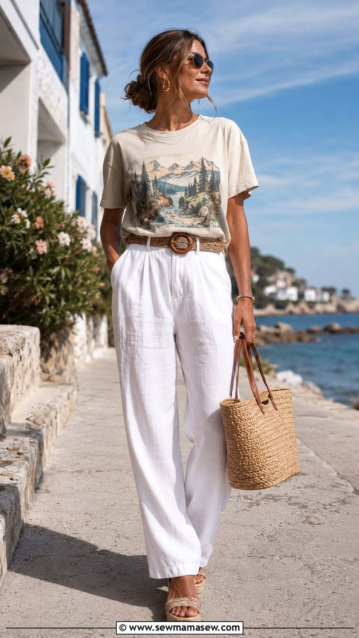 Vintage Americana tee with white linen trousers and espadrilles - 25 Vintage t-shirt outfit ideas