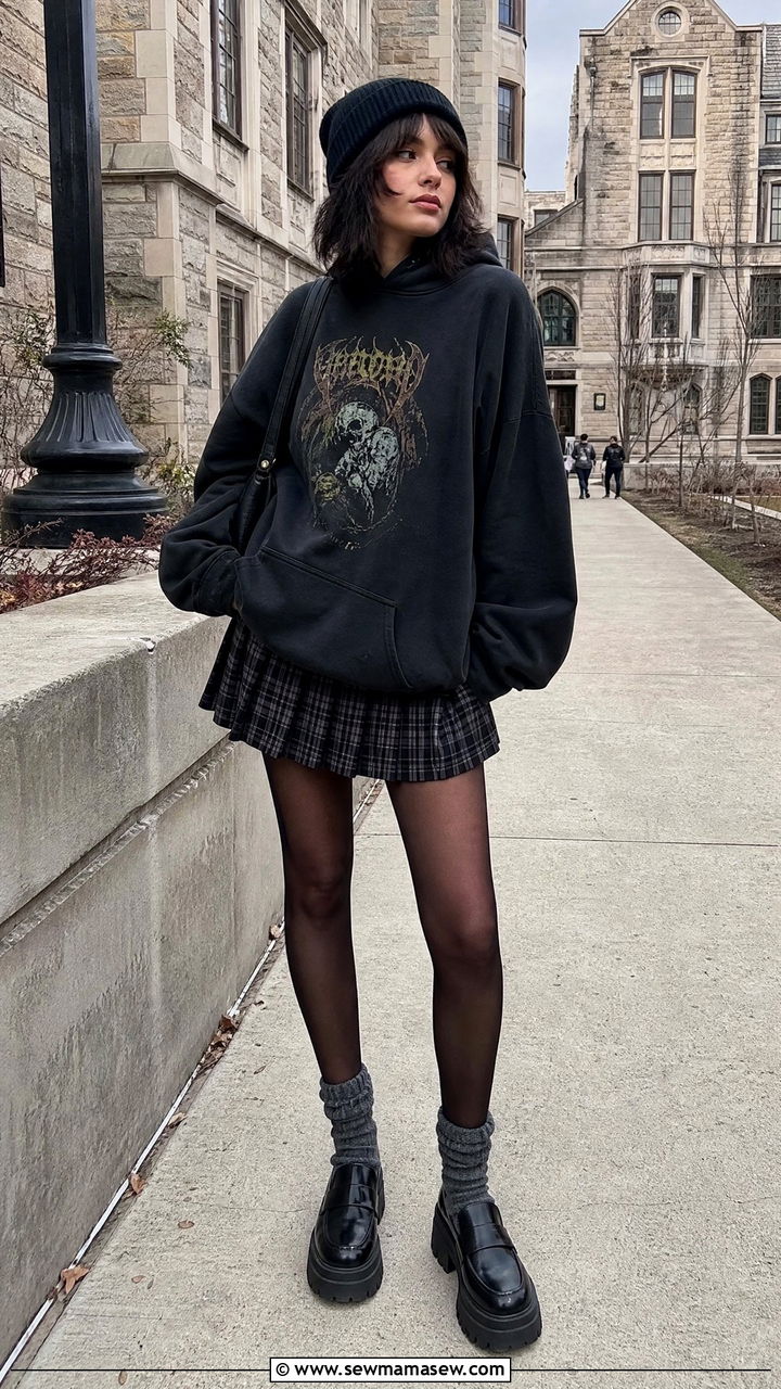 Vintage Band Hoodie With A Pleated Skirt - 25 classy grunge outfit ideas