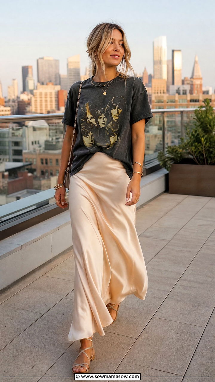 Vintage Band Tee And A Satin Maxi Skirt - 25 Mid April outfit ideas