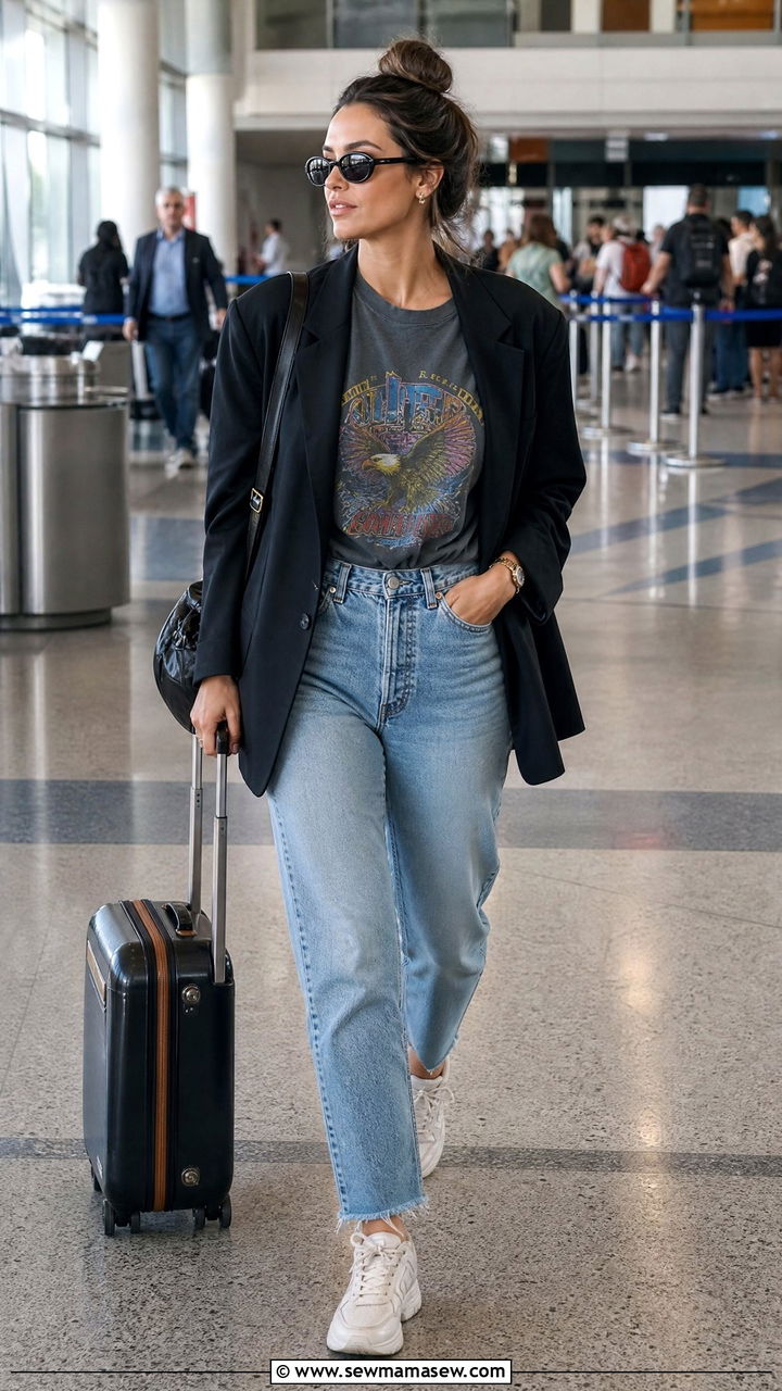 Vintage Band Tee And Blazer Airport Outfit - 30 Europe airport outfit ideas