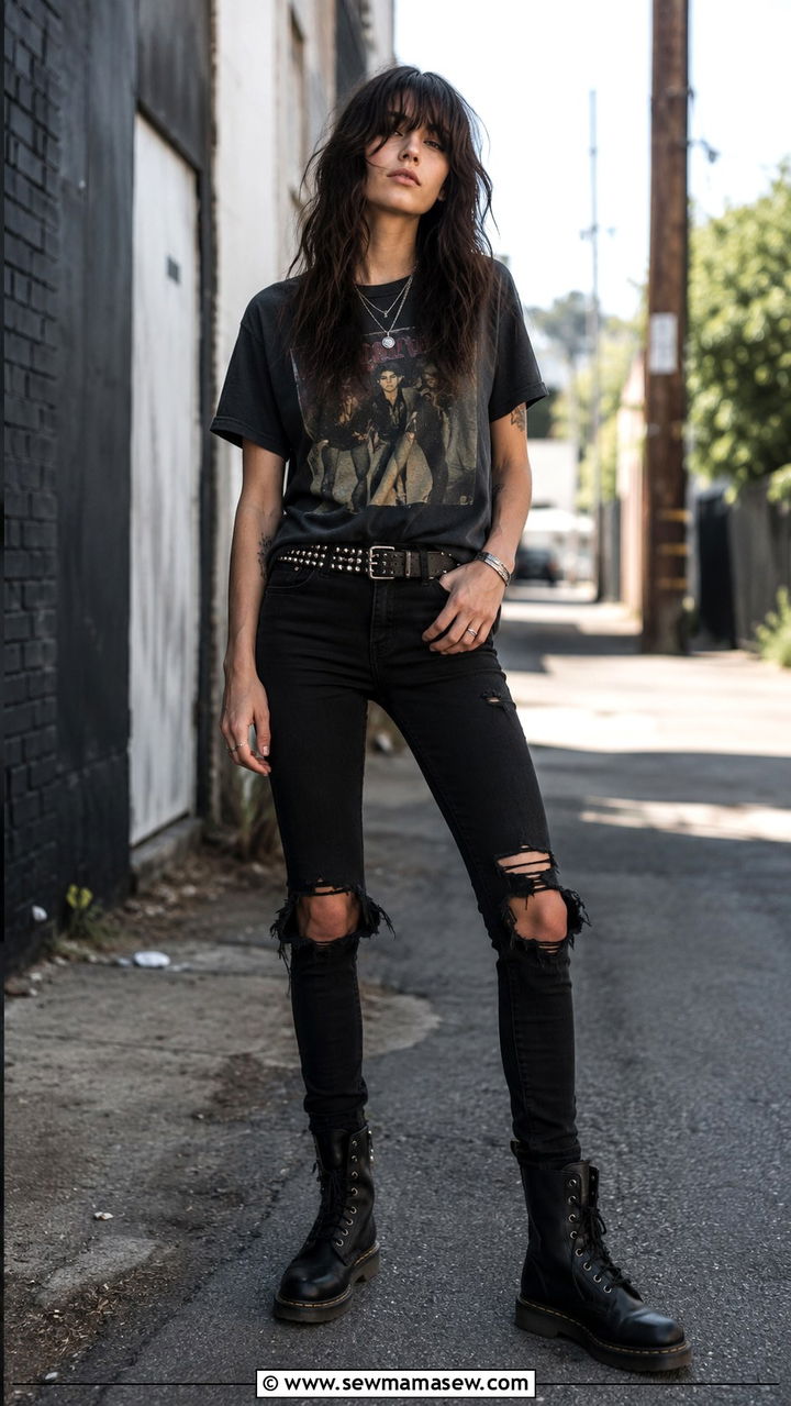 Vintage Band Tee And Ripped Black Jeans Punk Outfit - 25 Punk outfit ideas