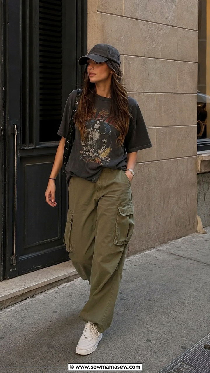 Vintage Band Tee Baggy Cargo Pants Sneakers - 25 Zach Bryan concert outfit ideas