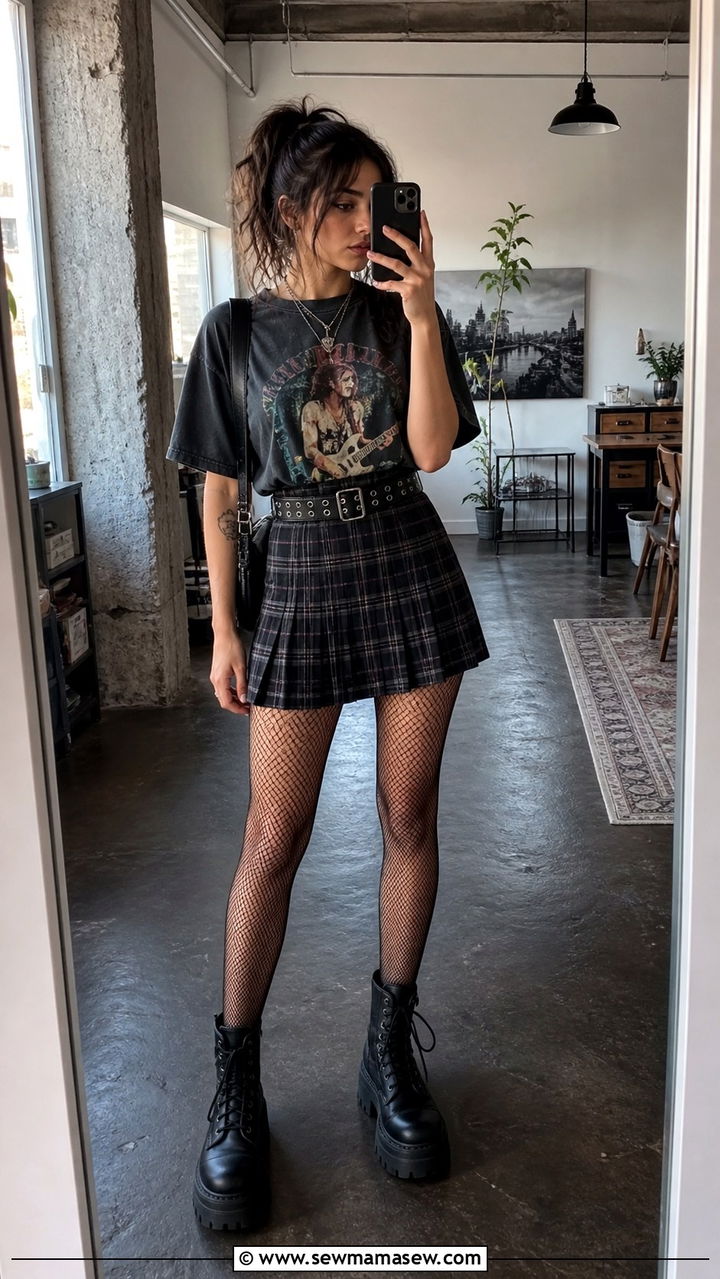 Vintage Band Tee Plaid Mini Skirt Fishnet Tights - 40 Grunge outfit ideas