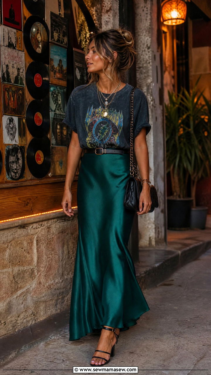 Vintage Band Tee Tucked Into A Satin Maxi Skirt - 35 Ibiza vacation outfit ideas