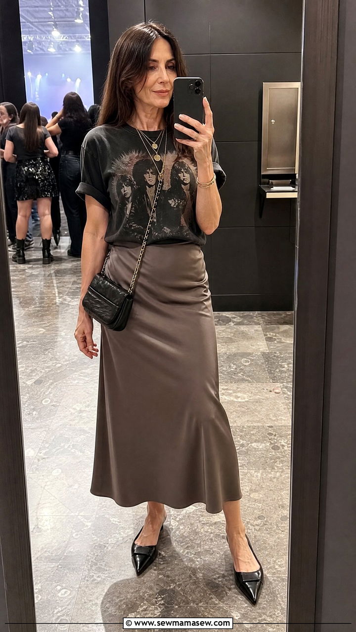 Vintage Band Tee Tucked Into A Satin Midi Skirt - 30 summer concert outfits for women over 40