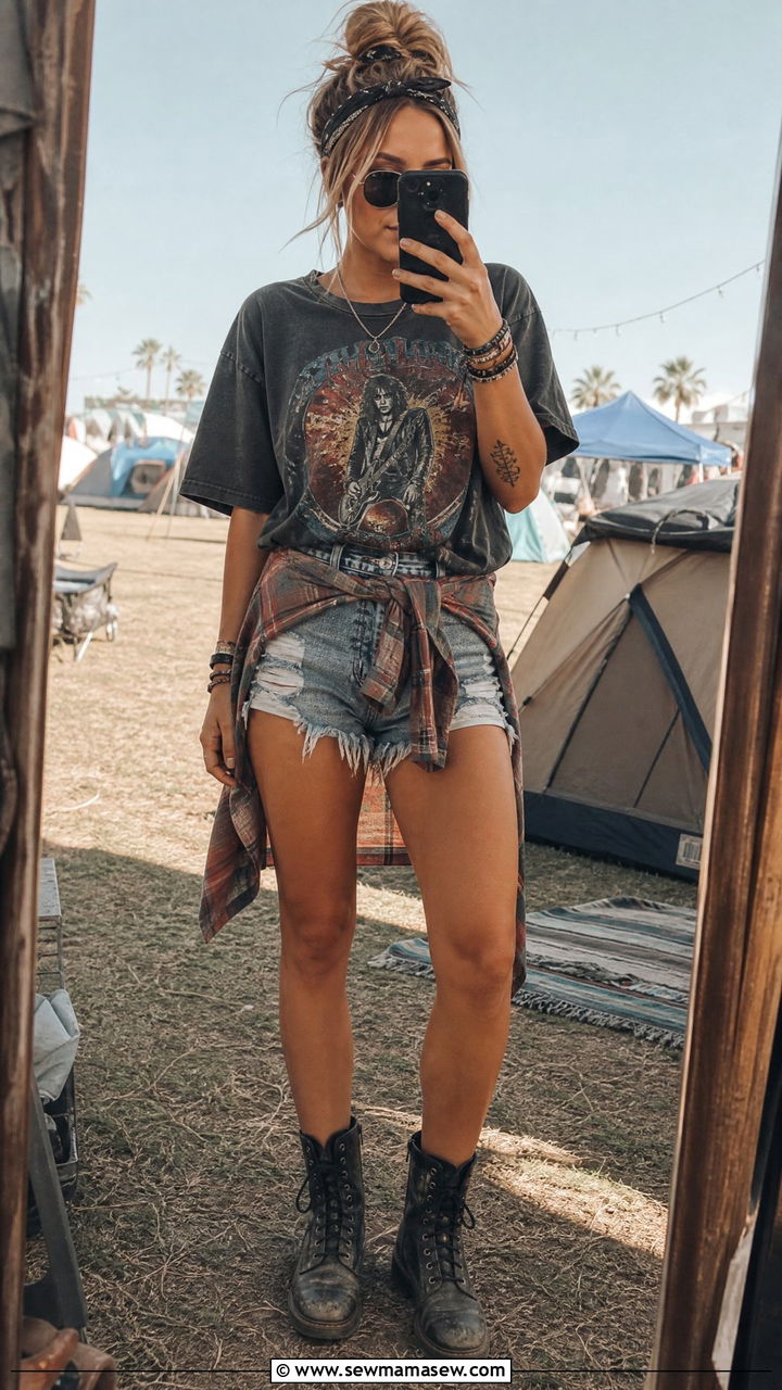 Vintage Band Tee With Distressed Denim Cutoffs - 40 Music festival outfit ideas