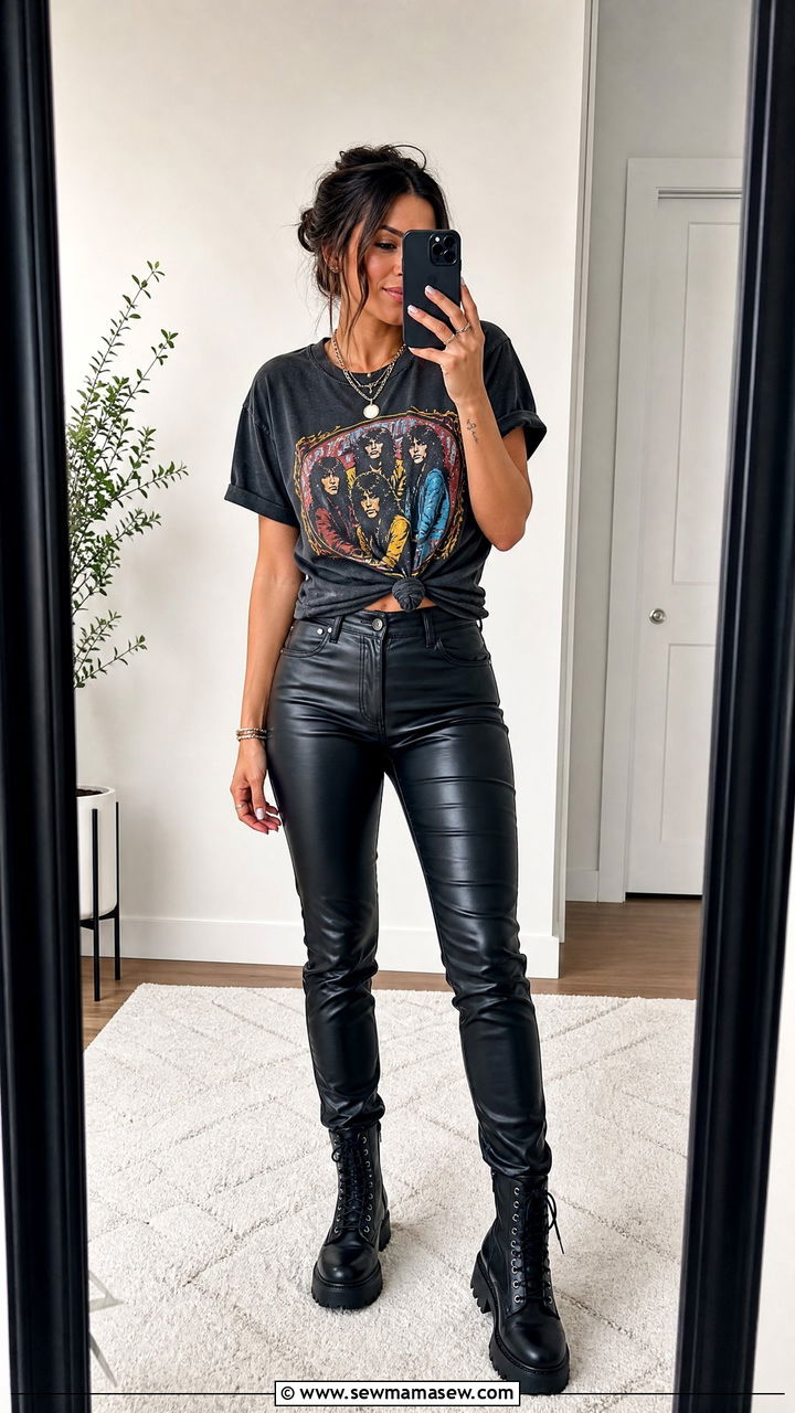 Vintage Band Tee With Faux Leather Pants And Combat Boots - 30 Taylor Swift concert outfit ideas