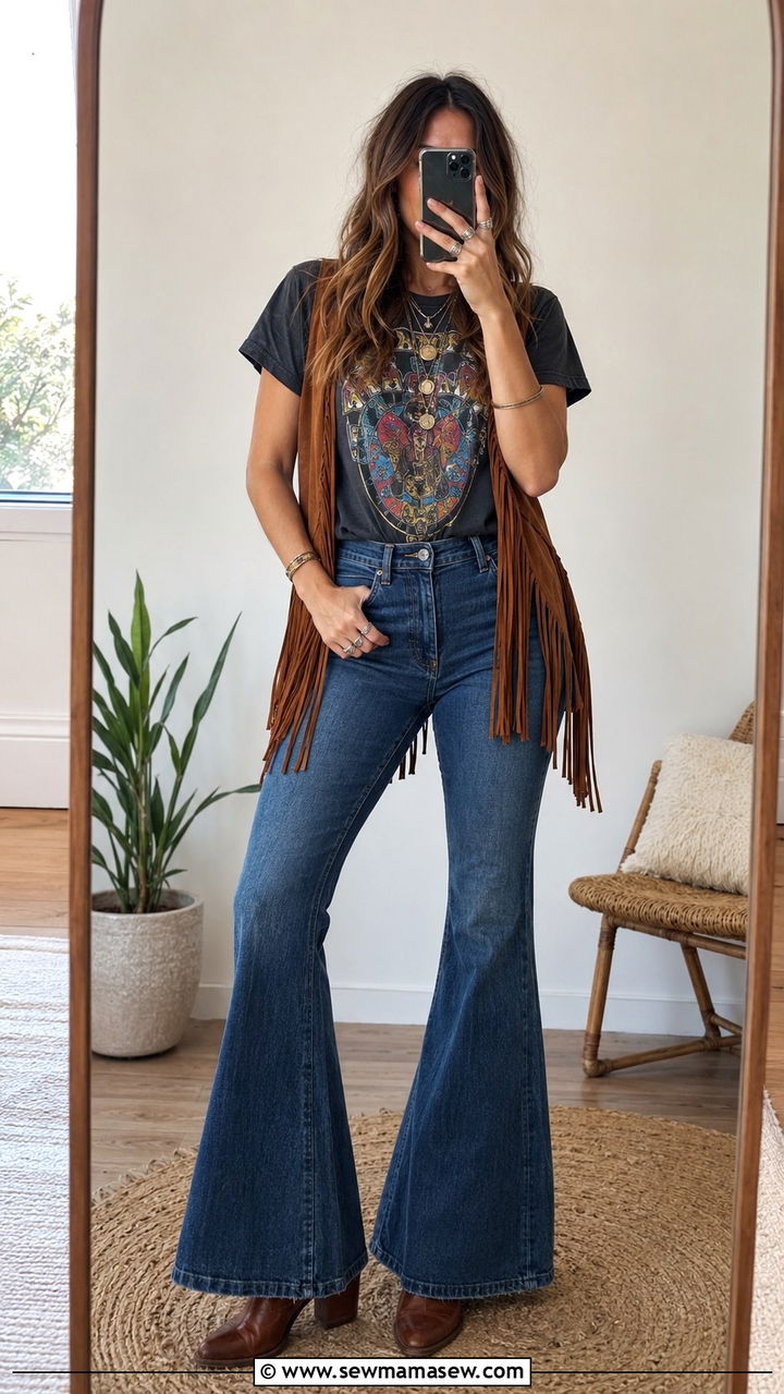 Vintage Band Tee With Flare Jeans Boho Look - 20 Boho outfit ideas Free People style