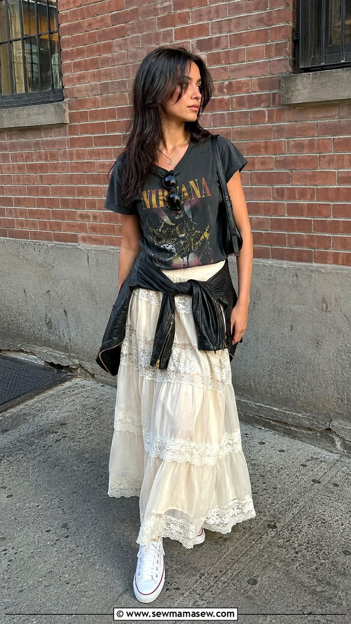 Vintage Band Tee With Lace Trim Maxi Skirt - 30 casual fairycore outfits
