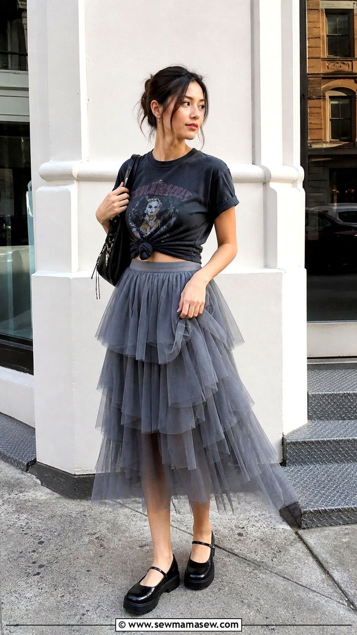 Vintage Band Tee With Layered Tulle Skirt Outfit - 40 Balletcore outfit ideas 2026