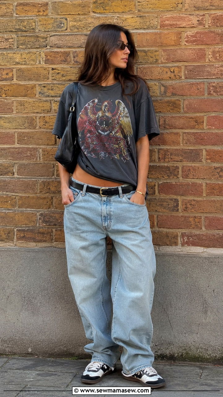 Vintage Band Tee With Low Rise Baggy Jeans and Retro Sneakers - 30 casual model off duty outfits