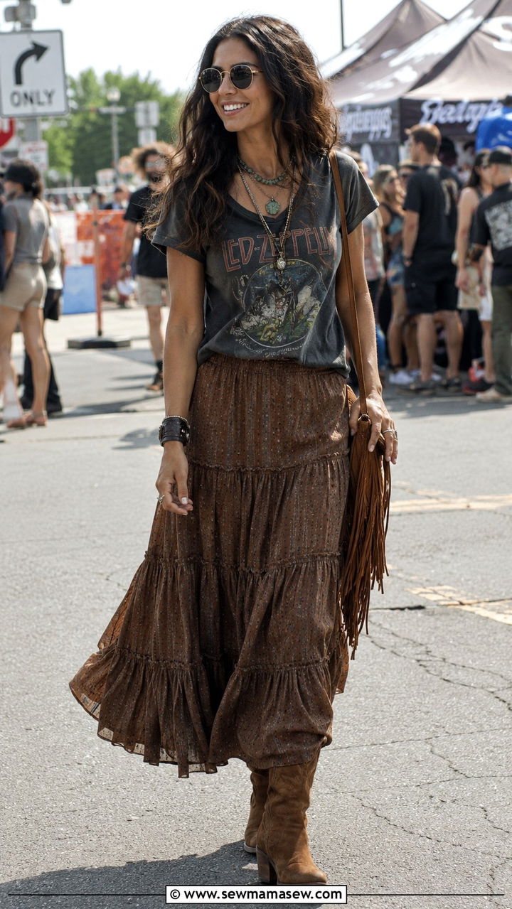 Vintage Band Tee With Maxi Skirt And Suede Boots - 25 Boho outfit ideas with suede boots