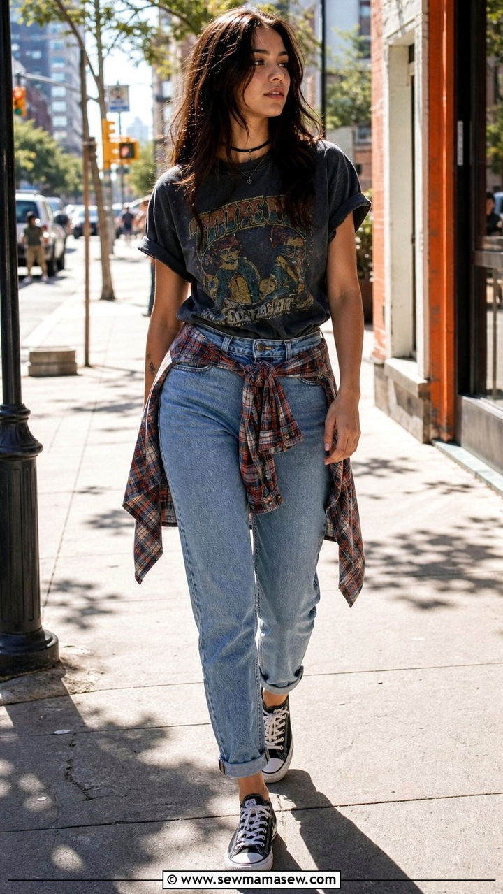 Vintage Band Tee With Mom Jeans And Flannel Tied At The Waist - 25 cute grunge outfits