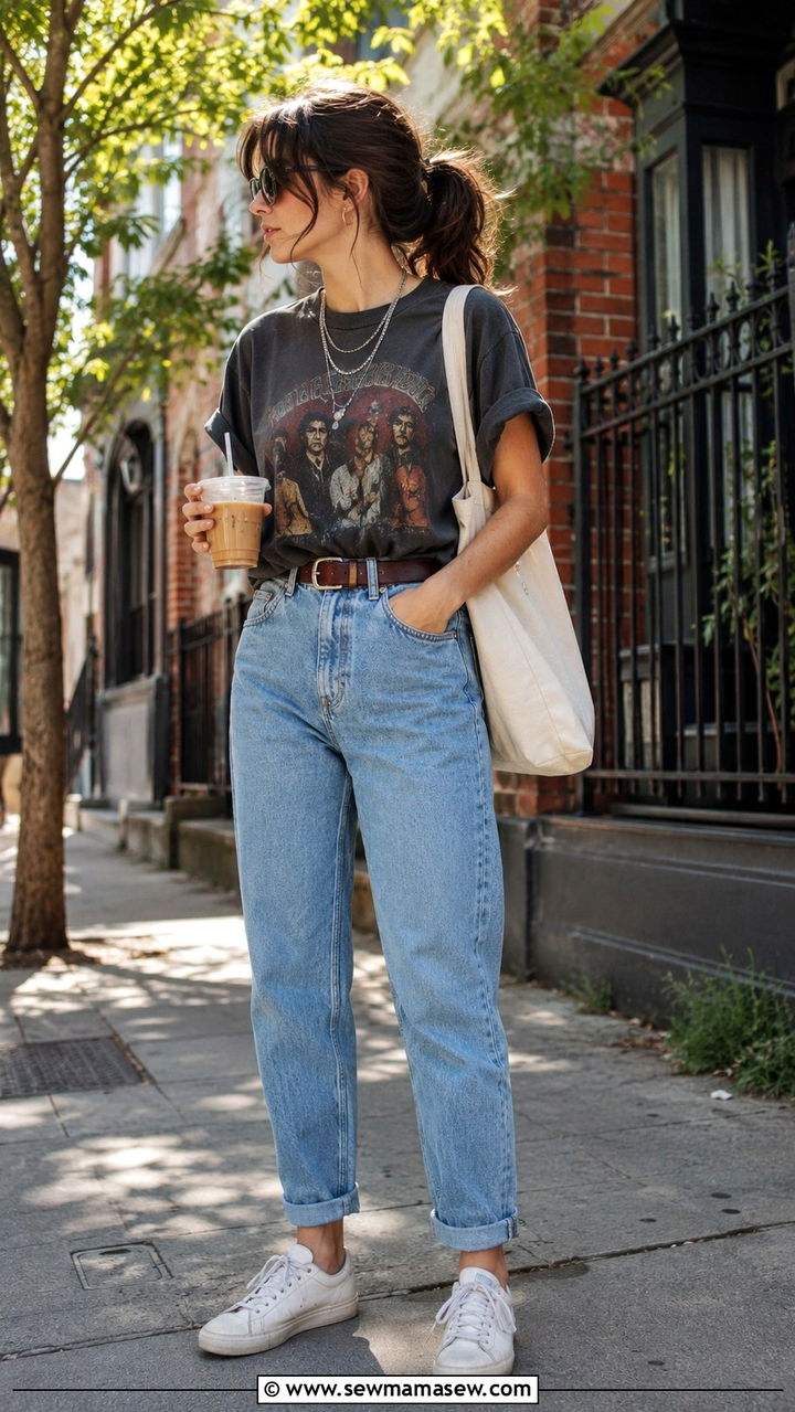 Vintage Band Tee With Mom Jeans And White Sneakers - 30 spring vintage outfit ideas