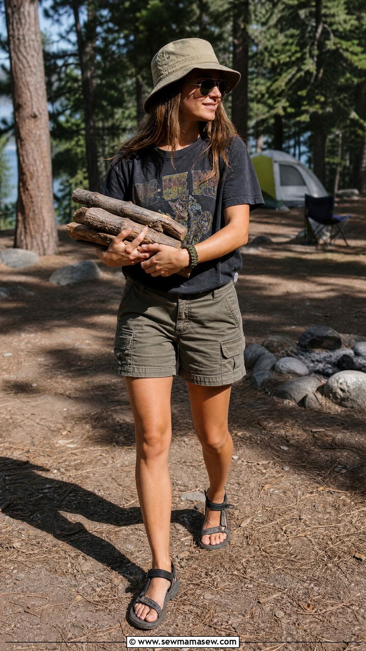 Vintage Band Tee With Olive Cargo Shorts Camping Outfit - 30 Summer camping trip outfits