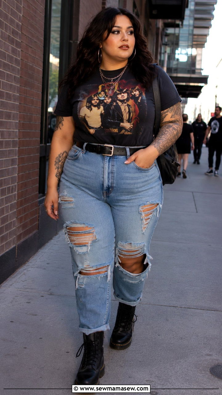 Vintage Band Tee With Ripped Jeans And Doc Martens - 30 Plus size concert outfit ideas