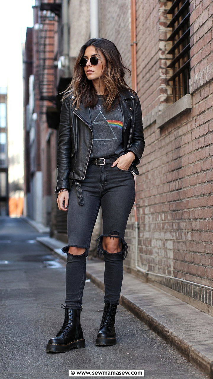 Vintage Band Tee With Ripped Jeans And Leather Jacket Outfit - 30 Indie outfit ideas