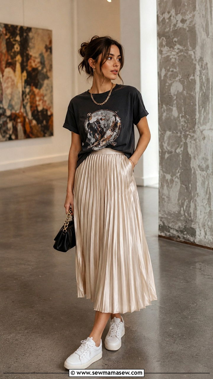 Vintage Band Tee With Satin Pleated Skirt Outfit - 30 Pleated skirt outfit ideas with a tee