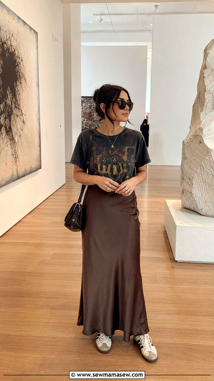 Vintage Band Tee With Satin Slip Skirt And Sneakers - 30 spring museum day outfit ideas