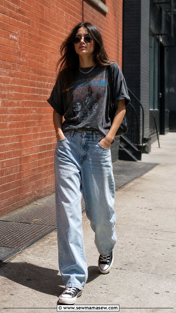 Vintage Band Tee and Baggy Jeans Grunge Outfit - 40 grunge outfits for women