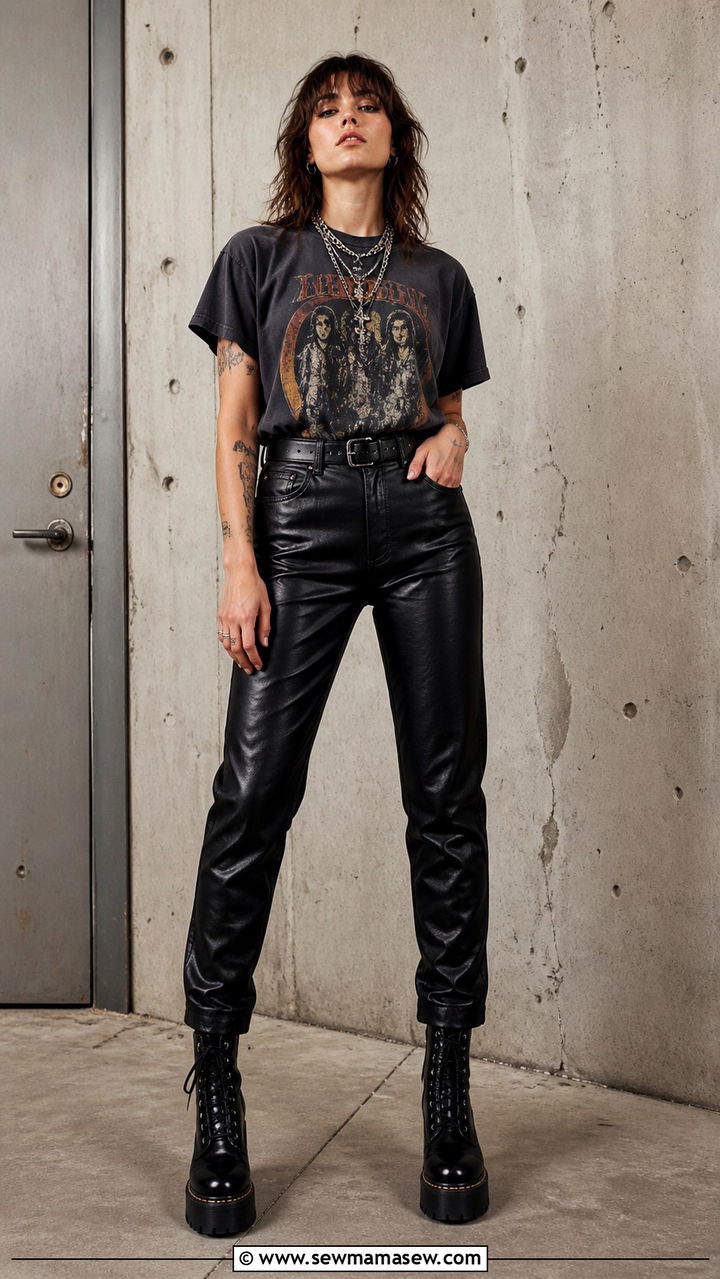 Vintage Band Tee and Leather Pants Grunge Style - 40 grunge outfits for women
